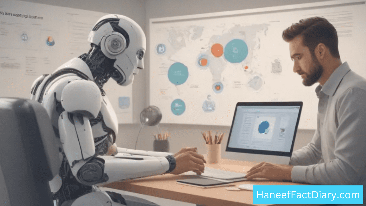 a man human working with AI marketing in front of him